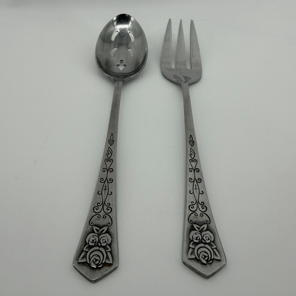 Oxford Hall Stainless Steel QUEENS TAPESTRY Slotted Table Serving Spoon Fork Set